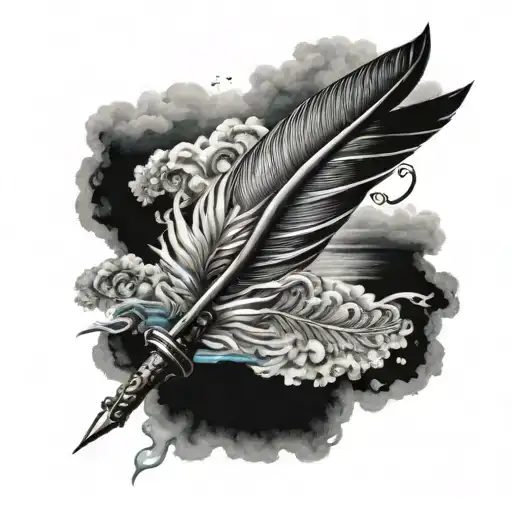 Feathered Pen In An Ocean Full Of Ink With A Sky That Has A Scroll
