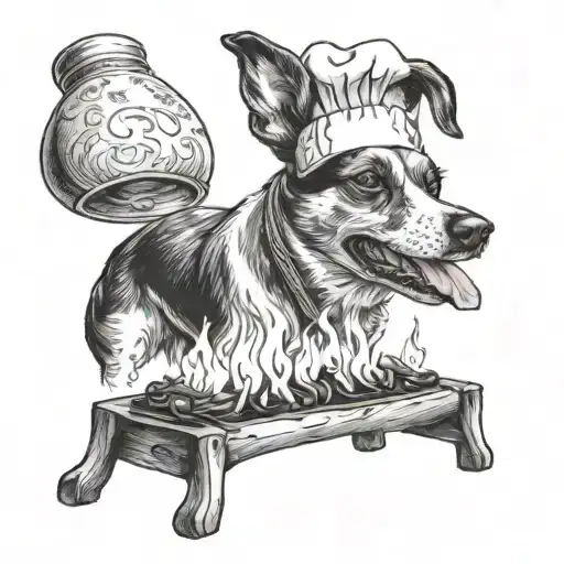 A Realistic Portrait Of A Dog Wearing A Chef's Hat Cooking Over A Campfire