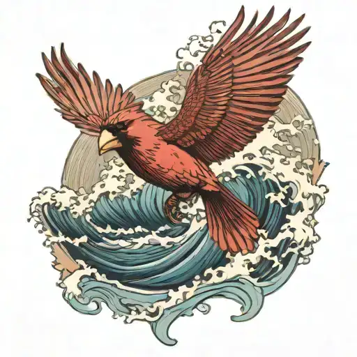 A Majestic Cardinal Flying Over A Crashing Wave Forming