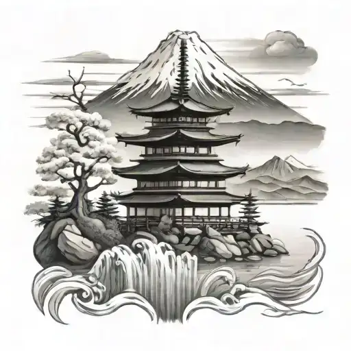 Pagoda In The Water With Mount Fuji