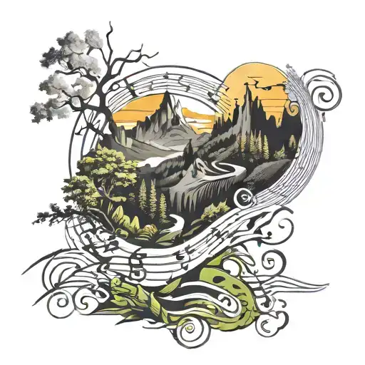 An Abstract Design Incorporating Musical Notes And Hiking Trails Winding Through A Vibrant Landscape