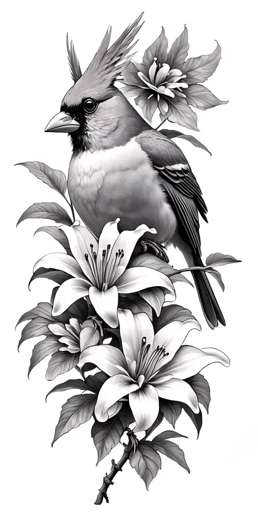 Cardinal Intertwined With Lily Flowers