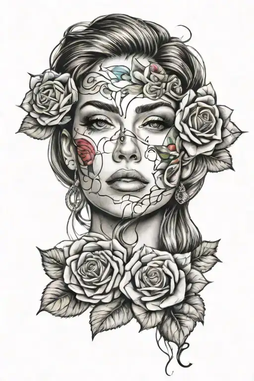 Female Face With Colored Roses Intertwined