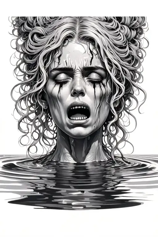 Madusa Looking In Water Her Fase Is Strait No Emoson But Her Reflecton Is Screming In Pain An Crying
