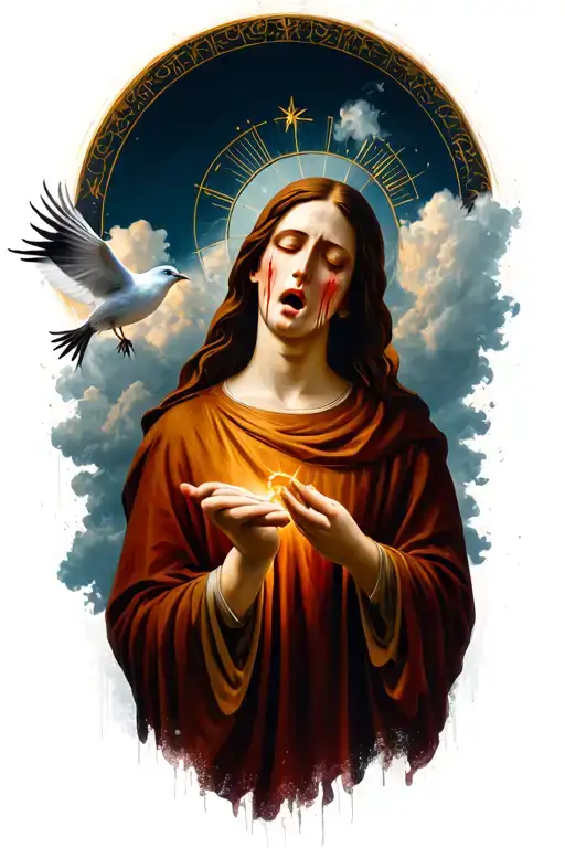 Religious Maria Crying With Clouds And A Hand Releasing A Bird