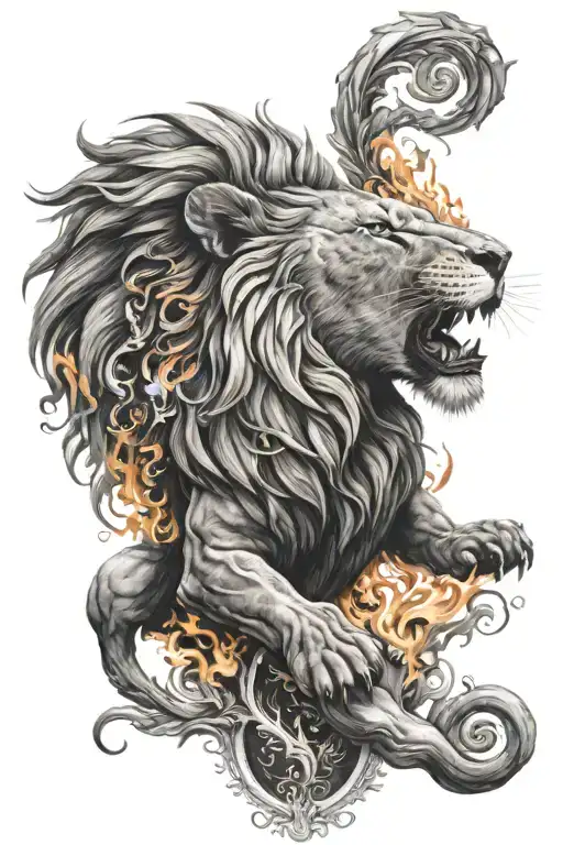 Black And White Strength Tattoo With Lion And Fire Feminine