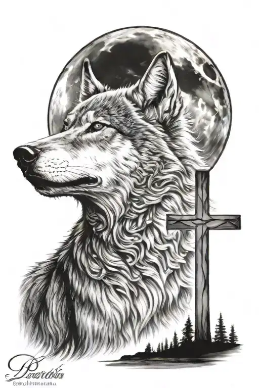Cross With Wolf Howling At The Moon