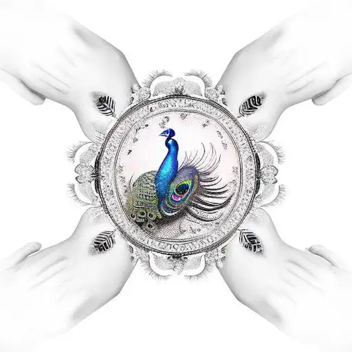 Hand Tattoo With Peacock Body On Back Of Hand And Tail Feathers On The Fingers