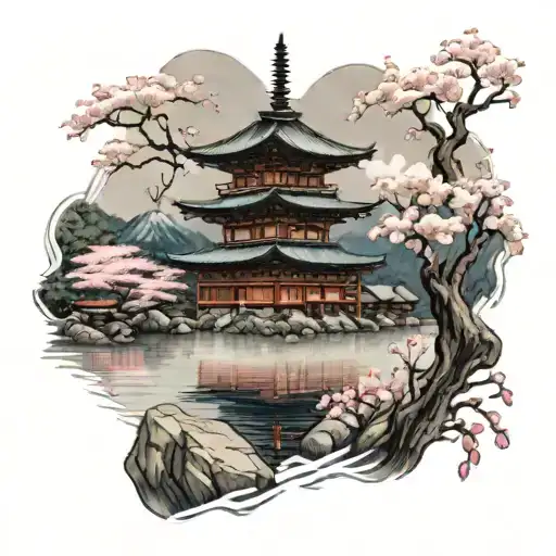 Pagoda In The Water With Mount Fuji And Cherry Blossoms