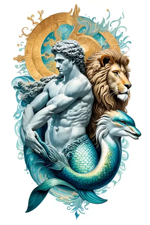 Greek God And Dolphin And Lion And Mermaid