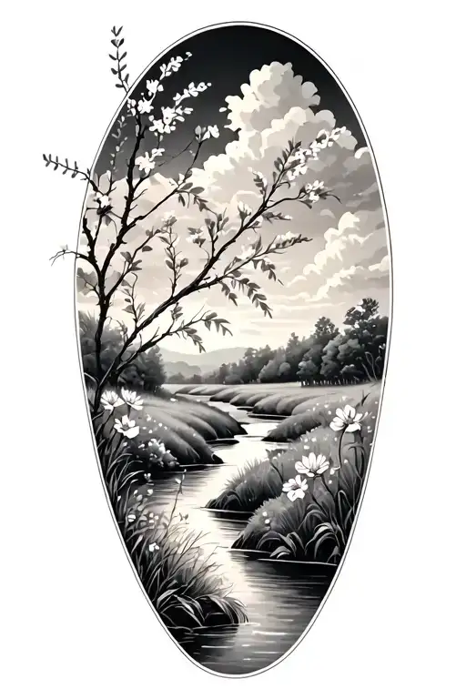 Realism Prairie Landscape With A Flowing River And Flowers And Hawthorne Branch In Forefront