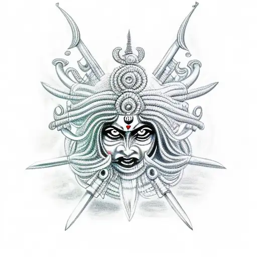 Indian Goddess Kali's Trident Being Held Up In Great Rage And Kali In The Background