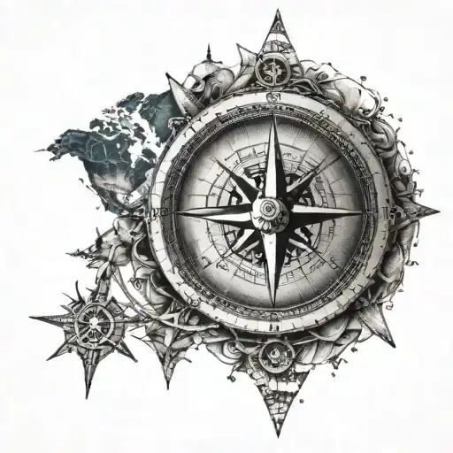 A Dotwork Tattoo Of A Compass Rose With Travel Destinations Marked On It