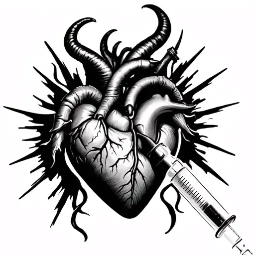Devil Comi G Out Of A Syringe Connected To Heart