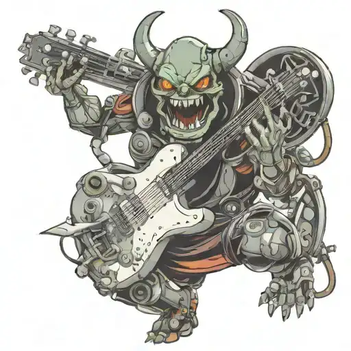 A Robotic Oni Demon Playing A Guitar In A Comedy Club