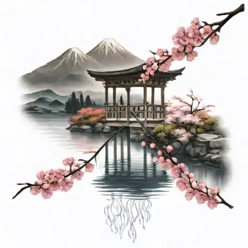Pergola In The Water With Mount Fuji And Cherry Blossoms