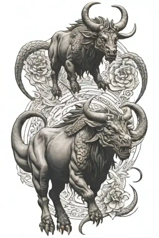 Dragon And Taurus Bull Standing Together Representing