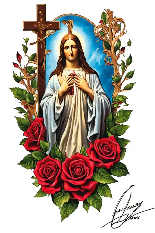 Virgin Mary With A Cross And Roses Intertwined
