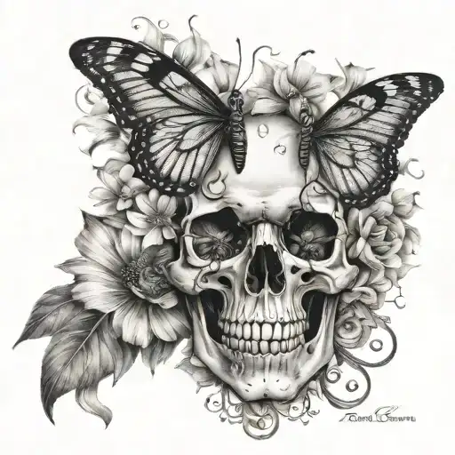 Skull In Butterfly And Half Flowers