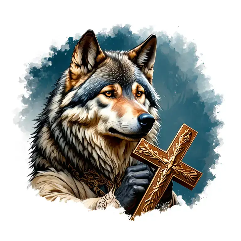 Wolf Holding A Cross