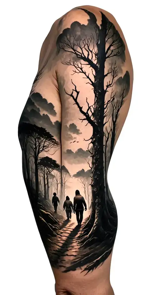 Creepy Forest Scene With Black Sky With Family Walking