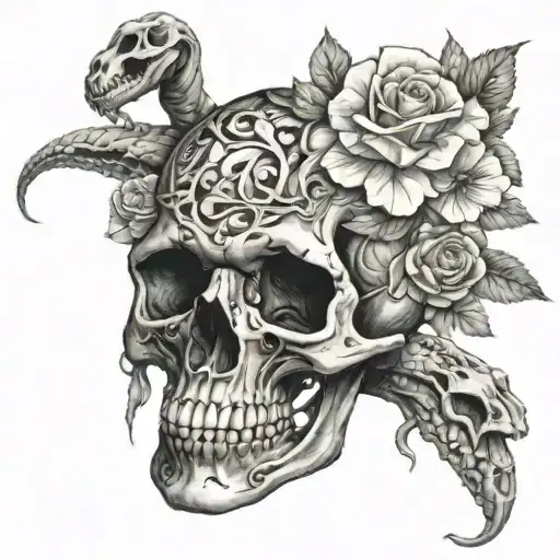 Snake And Skull And Statue With Flowers