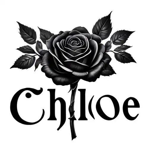 The Name Chloe With One Large Realistic Black Rose On Both Sides In All Black