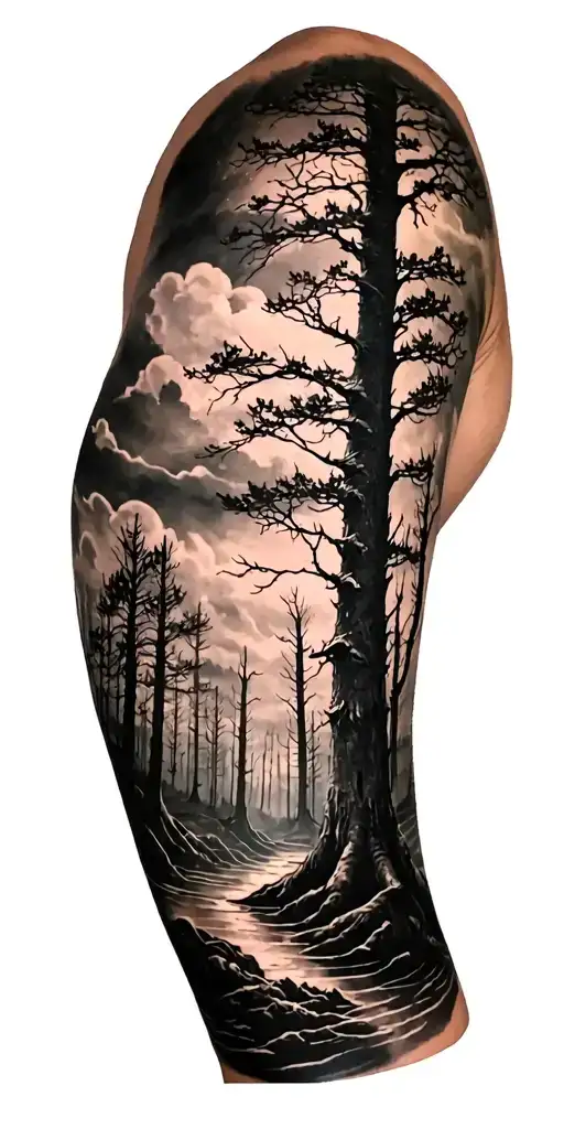 Creepy Forest Scene With Black Sky