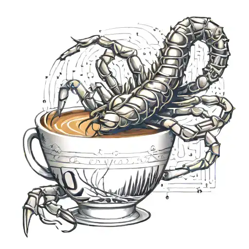 A Sleek And Modern Tattoo Of A Scorpion Sitting On A Coffee Cup With Binary Code Wrapping Around