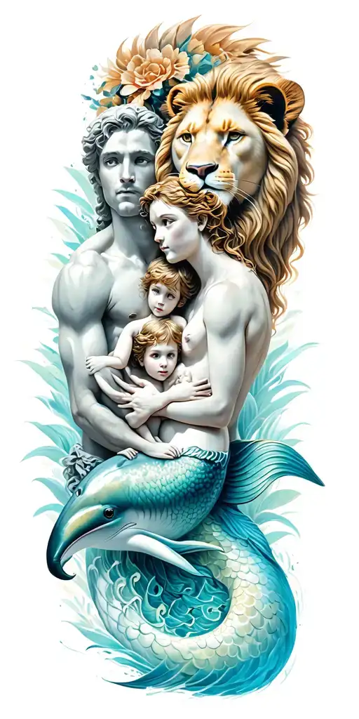 Greek God And Dolphin And Lion And Mermaid As A Family