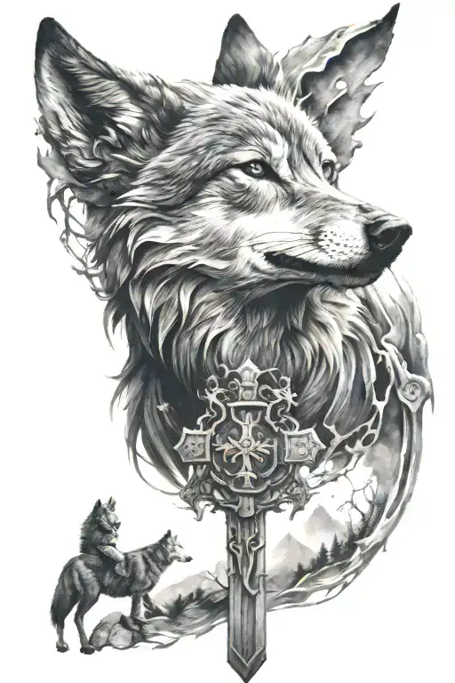 Cross With Wolf Surrounded