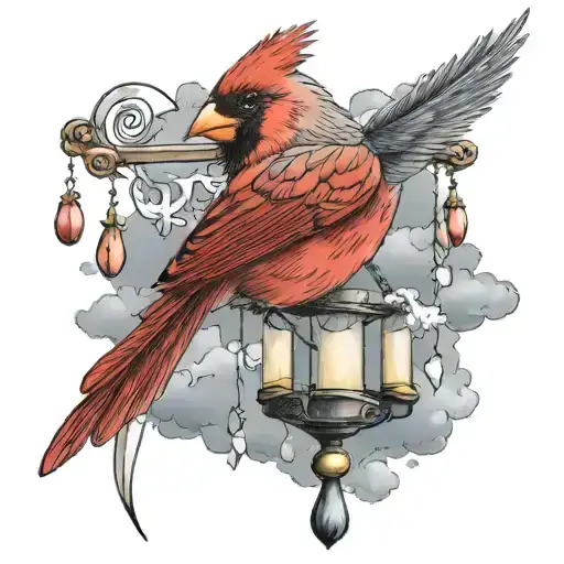 Red Female Cardinal Holding A Wind Chime Flying Through A Storm