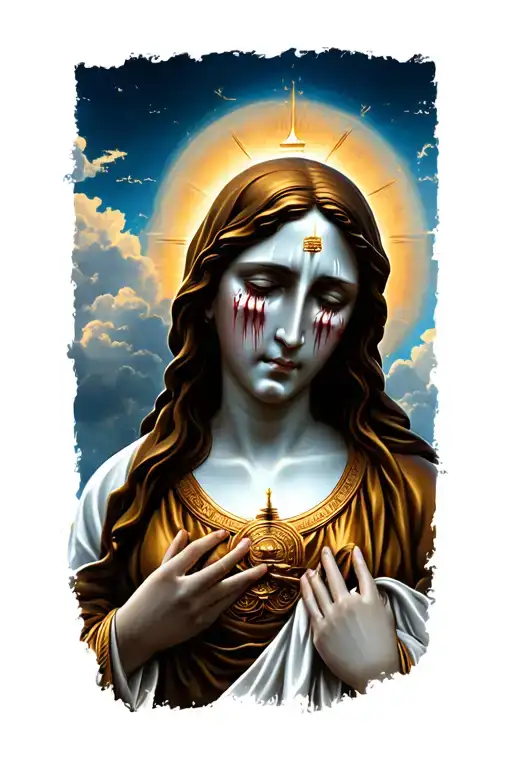 Religious Maria Crying With Clouds And Temple