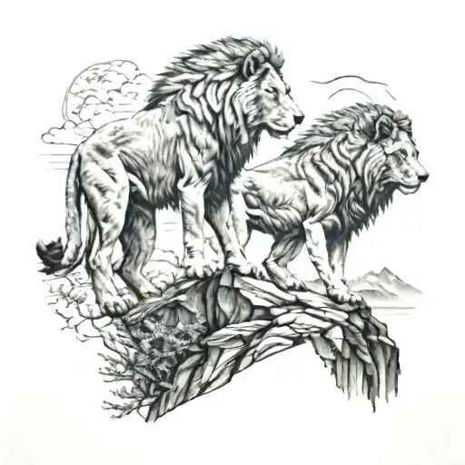 A Lion And A Wolf Standing Together On A Mountain Peak