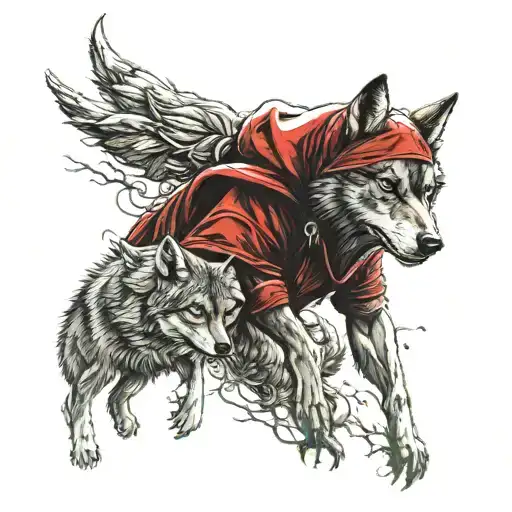 Dark Little Red Riding Hood With Giant Protector Wolf