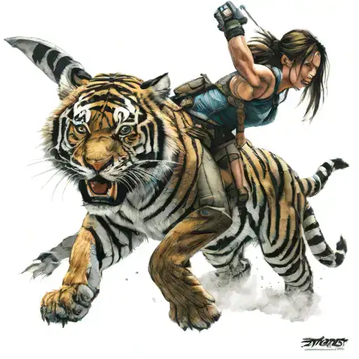 Lara Croft In Battle With A Tiger