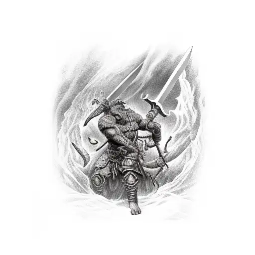 A Barbarian Hitting Basilisk With A Big Sword