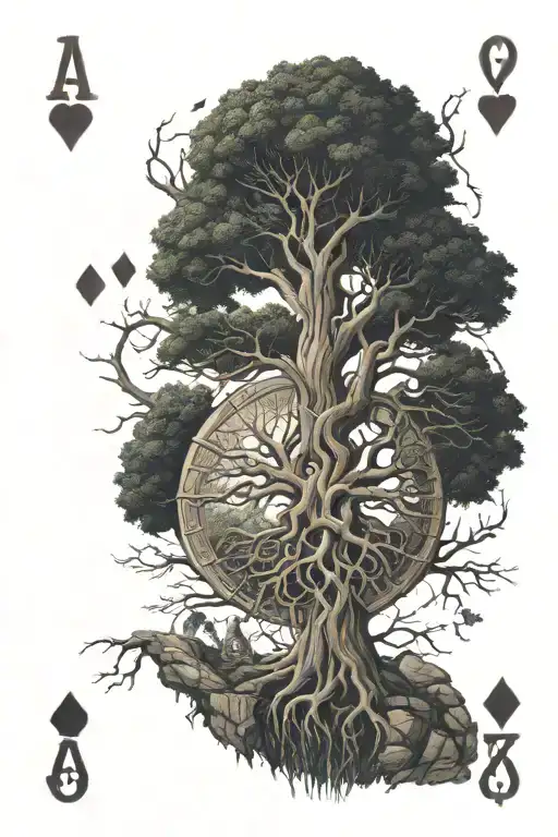 Tatoo Yggdrasil With Vigvisir In Center Four Playing Cards Set In The Roots