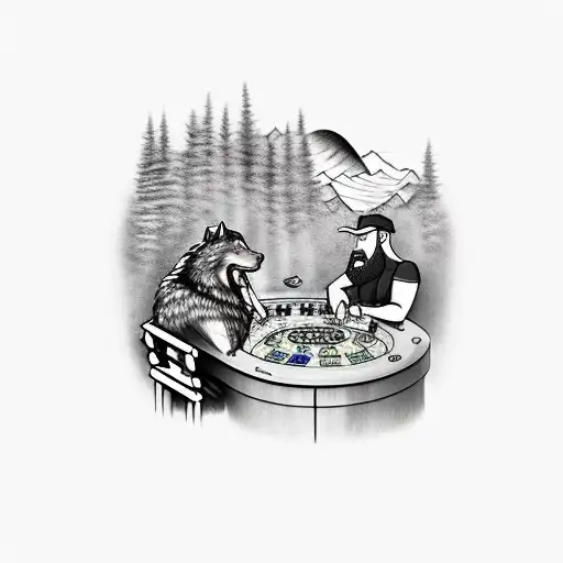 Mountain Man And A Dire Wolf Play Poker With A Bottle Of Whiskey In An Old Mountain Cabin