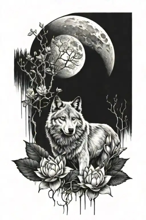 Forearms Wolf With Moon Forest Lotus Flower