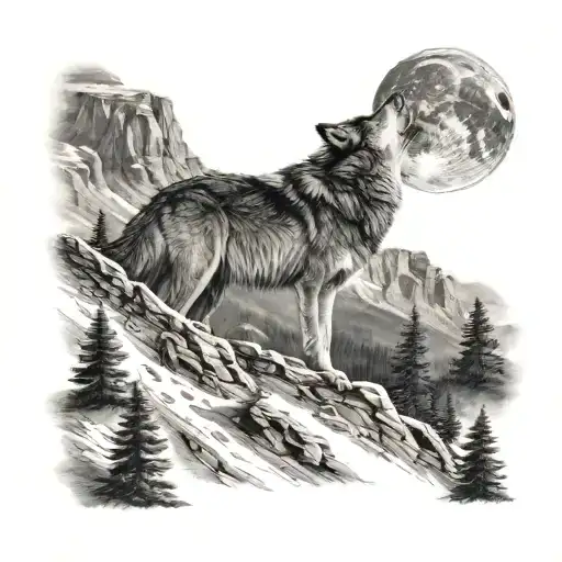 A Wolf Howling At The Moon Over A Mountain Landscape