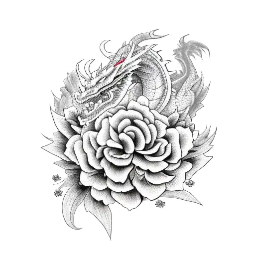 Demon Dragon With Peonies Around