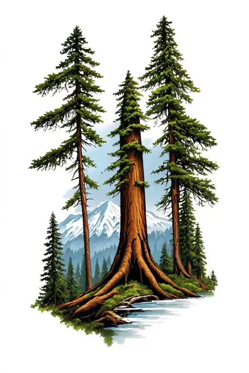 Redwood Forest With Mountain In Background