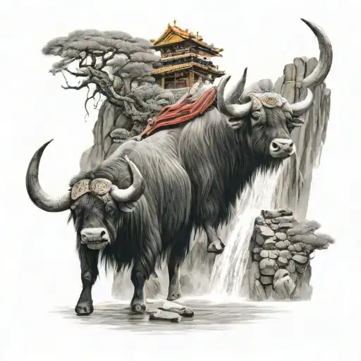 Tibet And Yak Over A Bridge Waterfall Forest