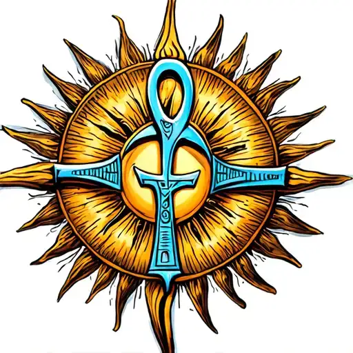 8 Pointed Sun With Ankh Symbol Surrounded
