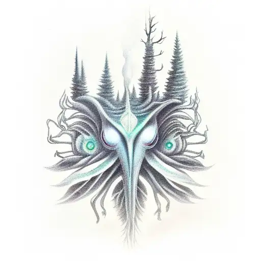 A Mysterious Alien Creature In A Magical Dark Forest