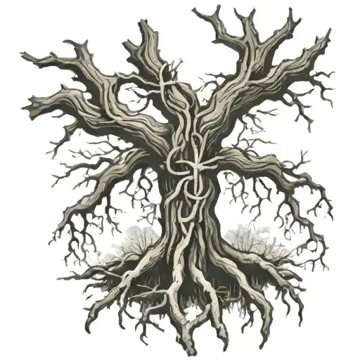 Tree With Roots Wrapped Around A Cross Intertwined