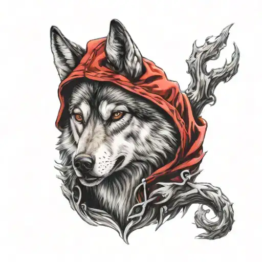 Evil Little Red Riding Hood With Giant Protector Wolf