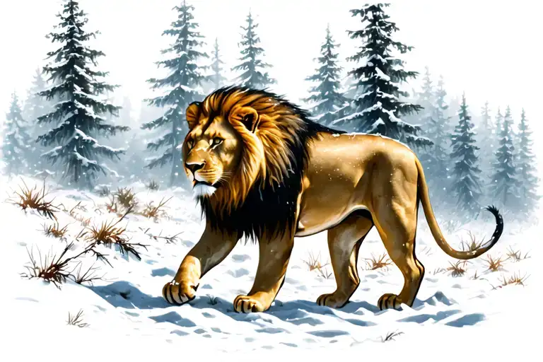 Lion Walking Through Snowy Forest Scene