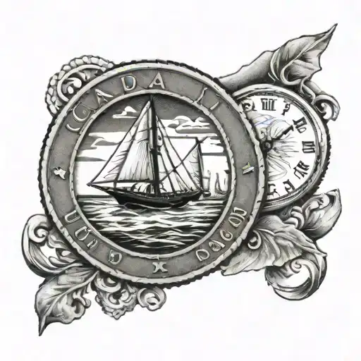 Canadian 10 Cent Coin With The Sail Boat Tattoo With A Clock Around It